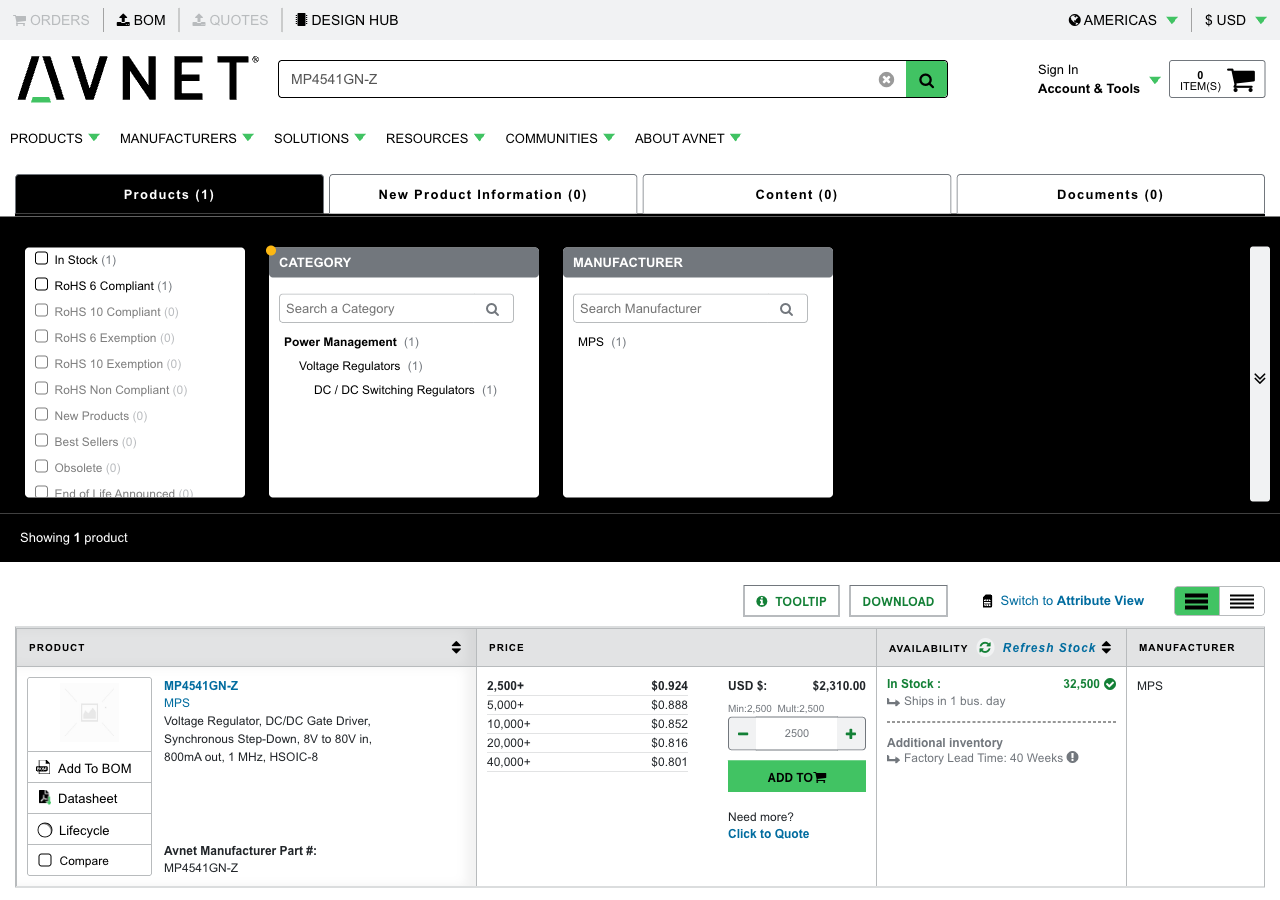 Avnet 搜索页